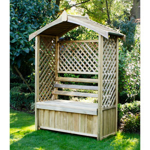 Wooden garden arbour seat with a slatted roof, trellis sides, and a spacious bench, finished in natural wood, ideal for outdoor relaxation.