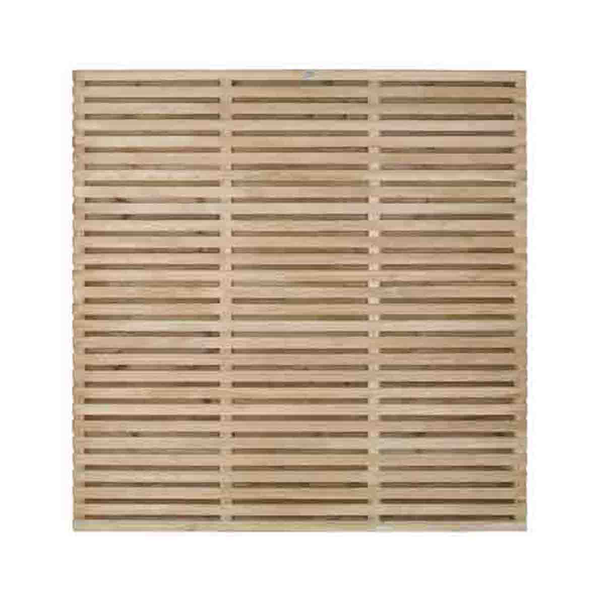 Contemporary double slatted fence panel in natural wood finish, measuring 6' x 6', features evenly spaced horizontal slats for a modern look and is pressure treated for durability.
