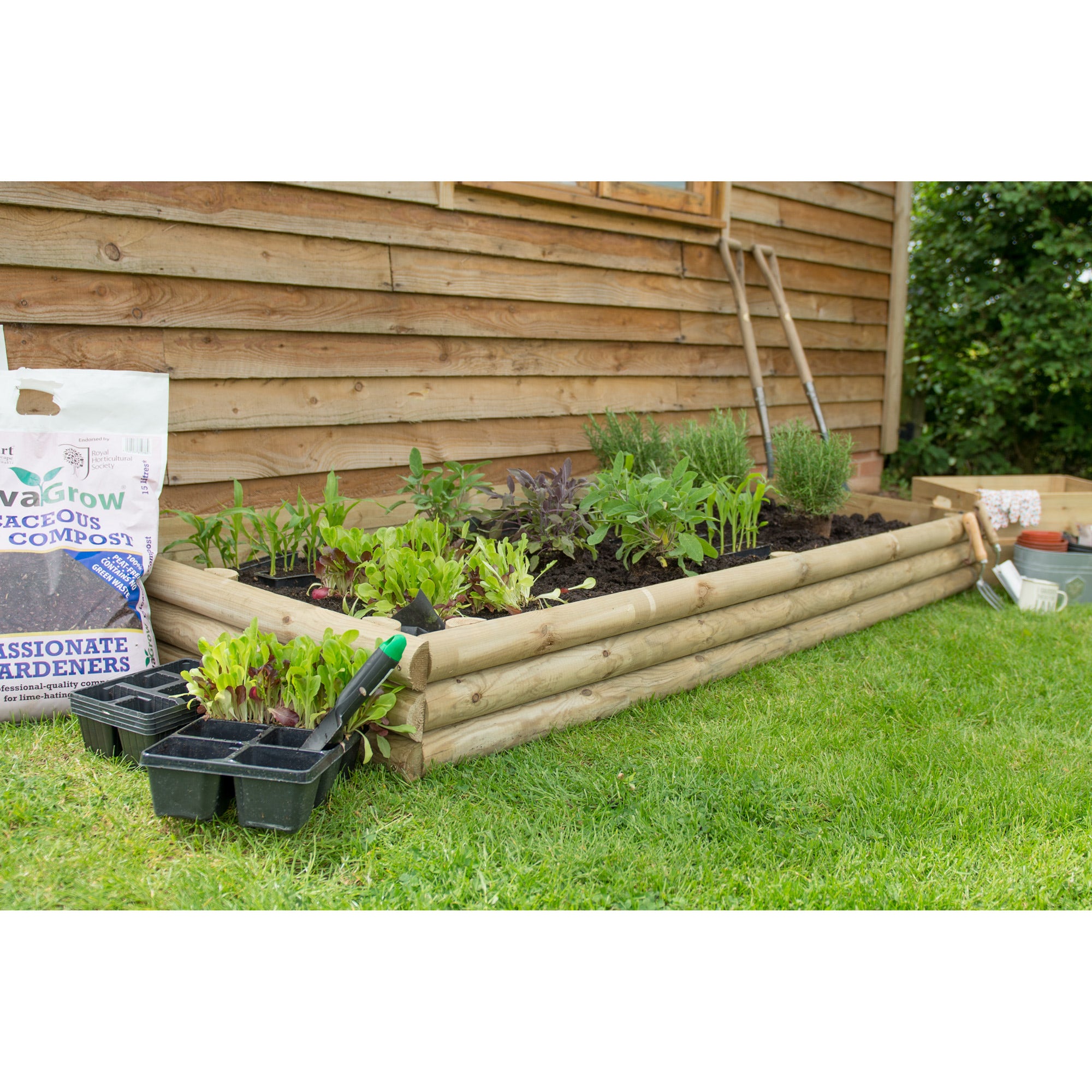 Wooden raised bed kit in natural finish, measuring 6'6" x 3'3", filled with various green plants, surrounded by gardening tools and a bag of compost on grass.