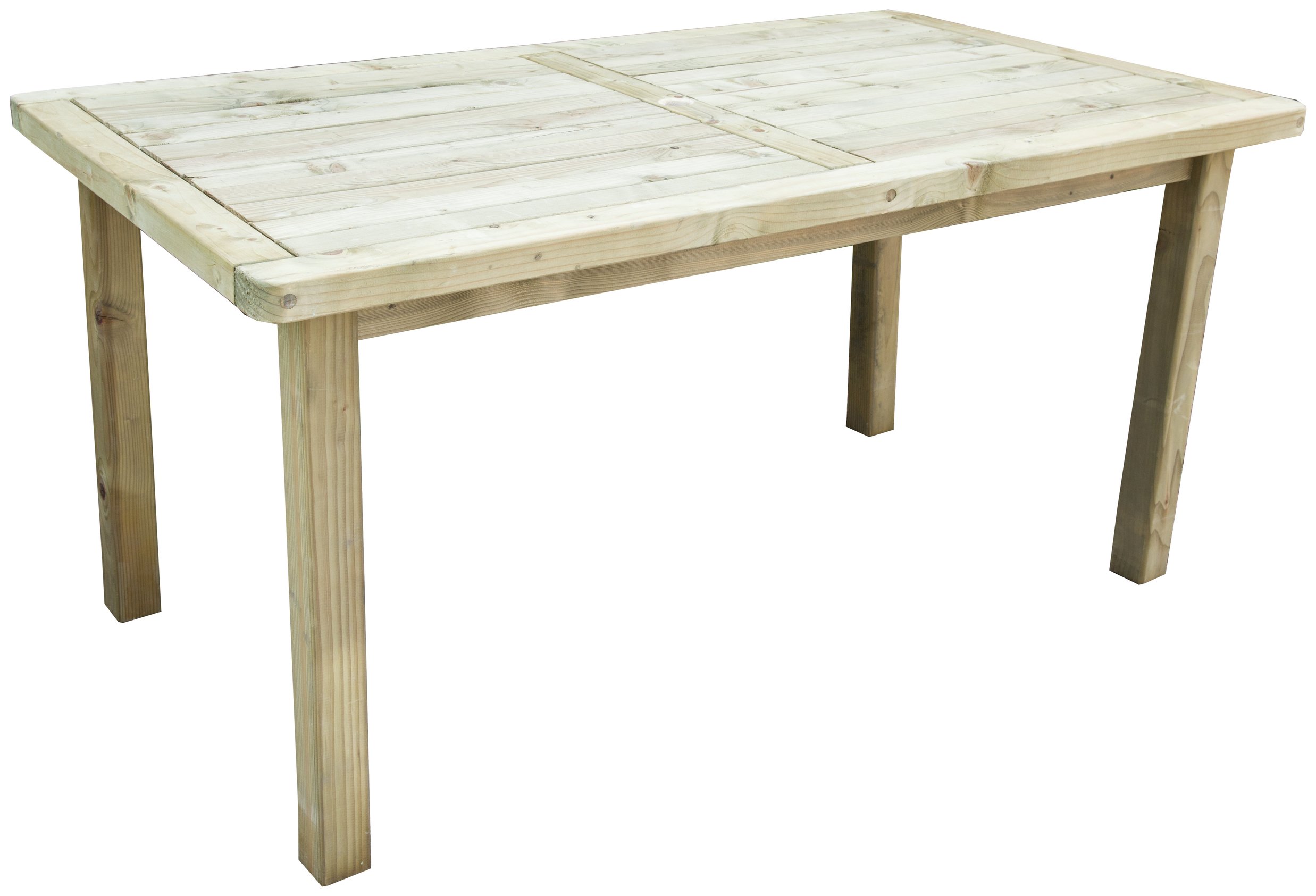 Light-colored wooden garden table measuring 5' x 3' with a slatted top and sturdy rectangular legs, designed for outdoor use.