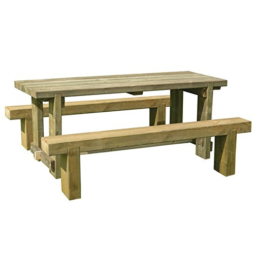 Wooden garden table set featuring a rectangular table and two matching benches, all in a natural wood finish, measuring 6'x2' (1.8x0.7m), ideal for outdoor use.