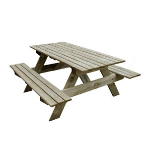 Small wooden rectangular picnic table in natural wood finish, designed for six people, featuring a sturdy frame and slatted top, measuring 5x5 feet (1.5x1.5m).