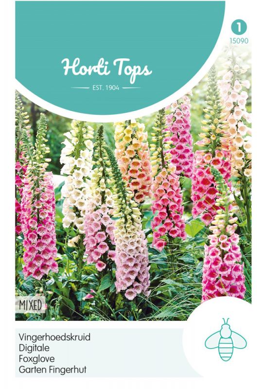 Colorful packaging for Hortitops Bloemzaden featuring Vingerhoedskruid (Digitalis) with tall, vibrant pink and white foxglove flowers against a green background.