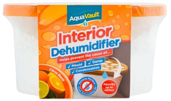 Clear plastic container with a bright orange lid, labeled "Aqua Vault Interior Dehumidifier," featuring citrus scent and graphics illustrating moisture absorption and benefits.