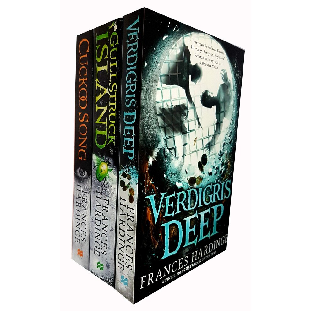 Three-book set by Frances Hardinge featuring "Verdigris Deep," "Cuckoo Song," and "Gullstruck Island," with colorful covers and distinctive titles prominently displayed.