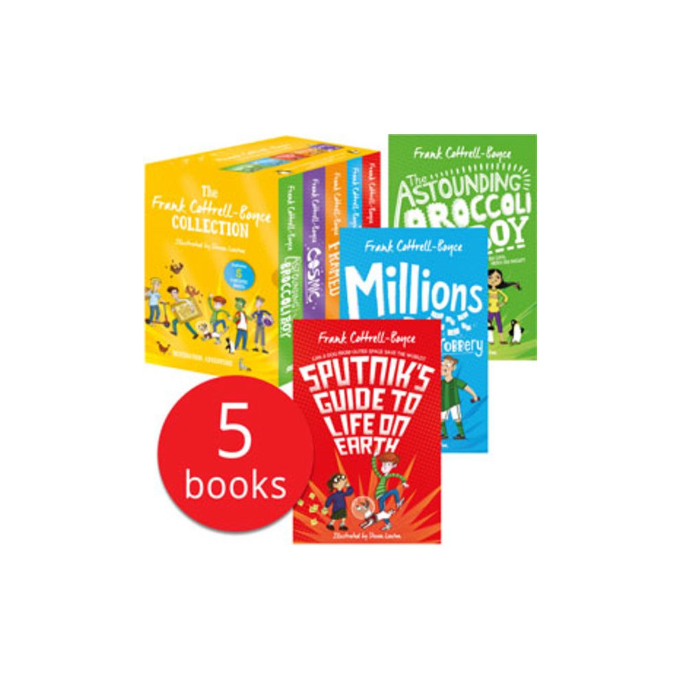 Five paperback books from the Frank Cottrell Boyce Collection, featuring colorful covers in yellow, green, red, and blue, with titles like "Sputnik's Guide to Life" and "Millions."