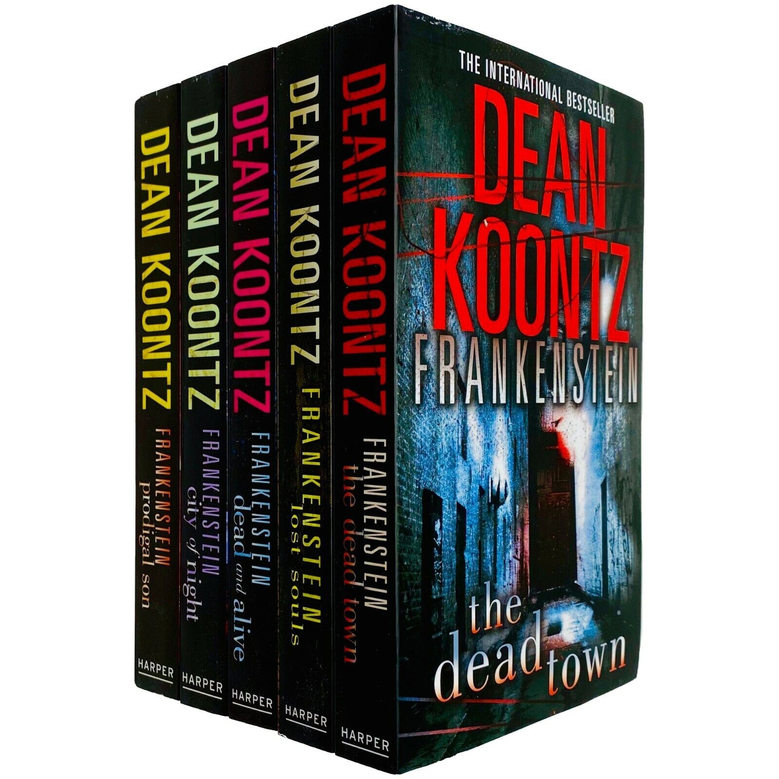Five hardcover books from the "Frankenstein" series by Dean Koontz, featuring bold titles and dark, moody covers with a mix of red, black, and blue colors.