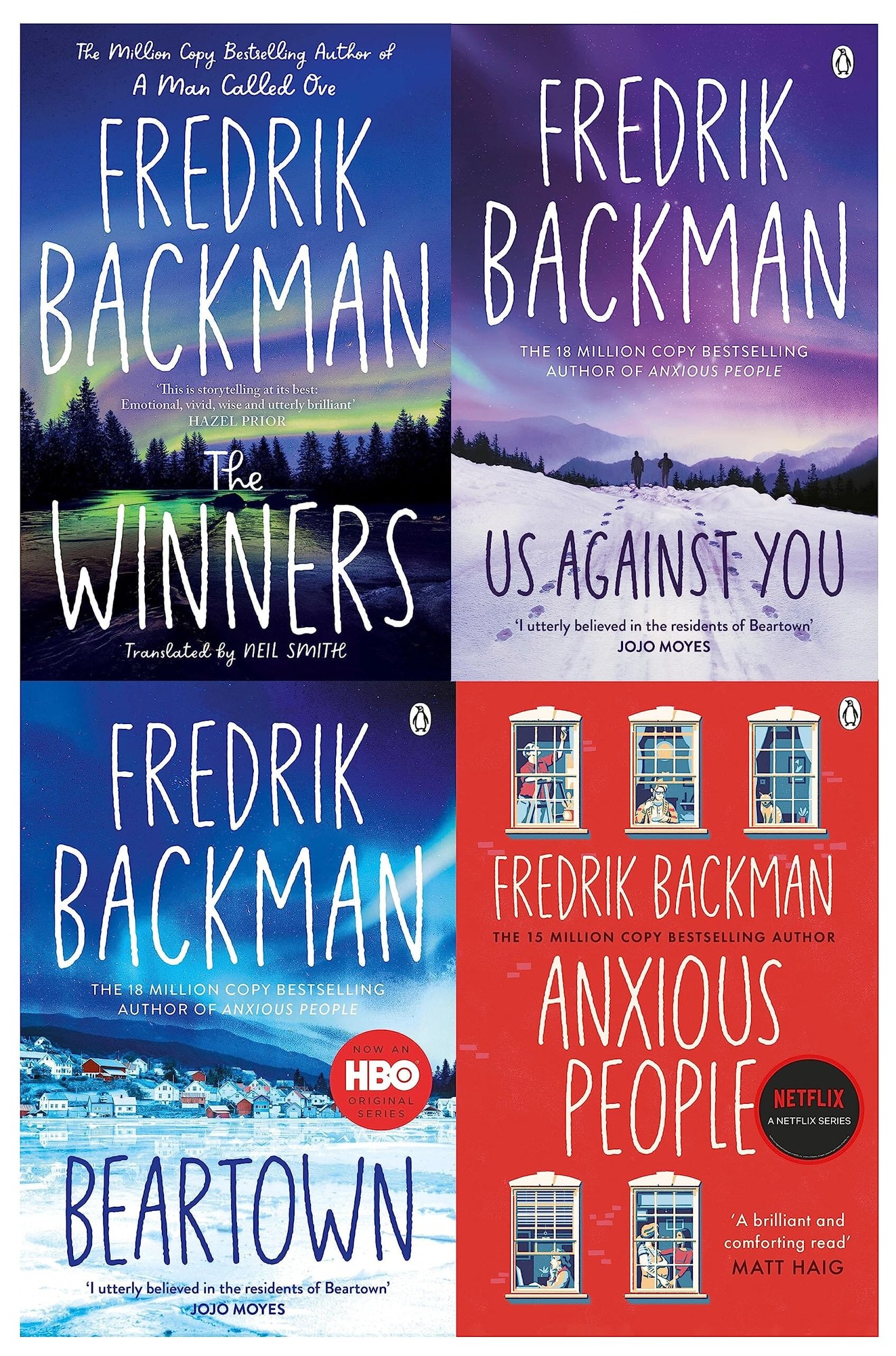 Four book covers by Fredrik Backman, featuring blue and white designs with snowy landscapes, titles in bold font, and author name prominently displayed on each cover.