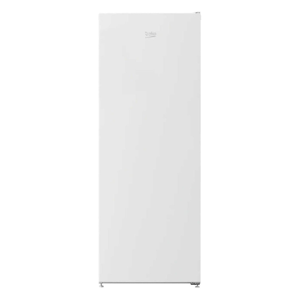 Tall, freestanding white freezer with a sleek design, featuring a 177L capacity, frost-free technology, and a Freezer Guard for optimal performance, labeled E-rated for energy efficiency.