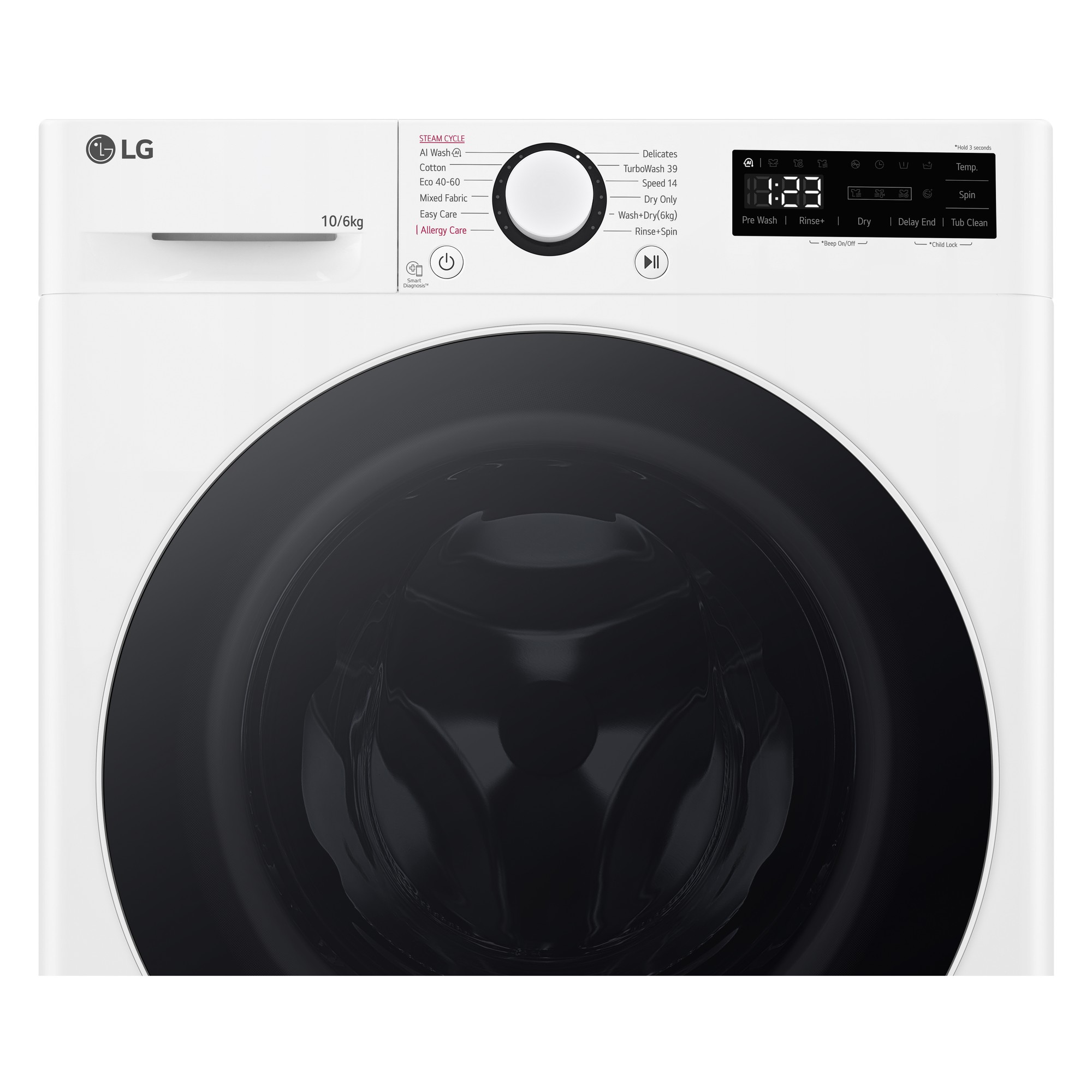 White LG FWY706WWTN1 washer dryer with a black door, 10kg wash capacity, 6kg drying capacity, 1400 RPM spin speed, and digital display for settings and time.