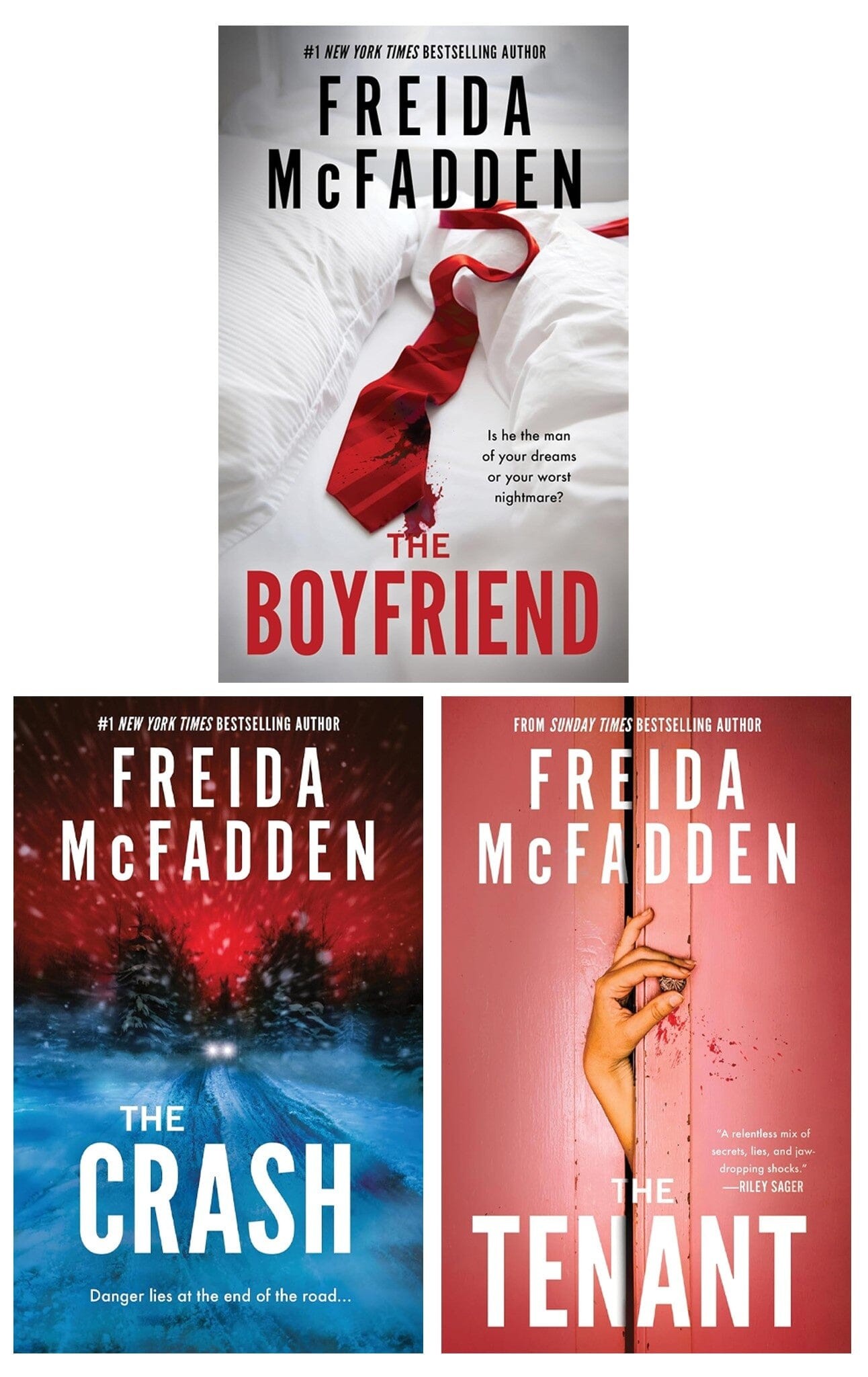 Three book covers featuring "The Boyfriend," "The Crash," and "The Tenant" by Freida McFadden, showcasing bold red and dark colors with striking typography and a tie graphic on the first cover.