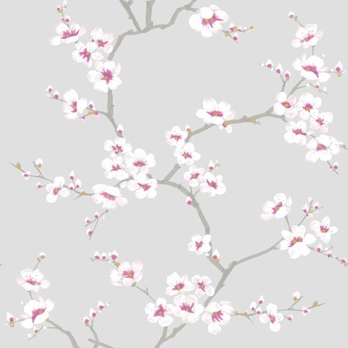 Floral wallpaper featuring delicate apple blossom branches in soft pink and white on a light grey background, with intricate details and a smooth finish.
