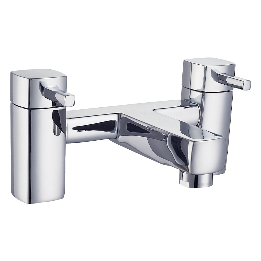 Chrome bath filler tap with a sleek, modern design featuring two cylindrical handles and a smooth spout, showcasing a polished finish and contemporary aesthetic.