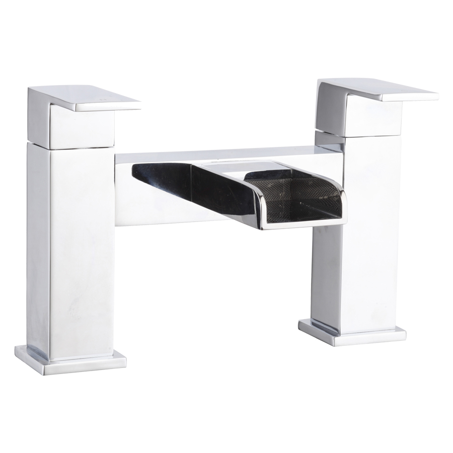 Sleek chrome bath/shower mixer tap with a modern design, featuring a rectangular spout and square-shaped handles for a contemporary look.
