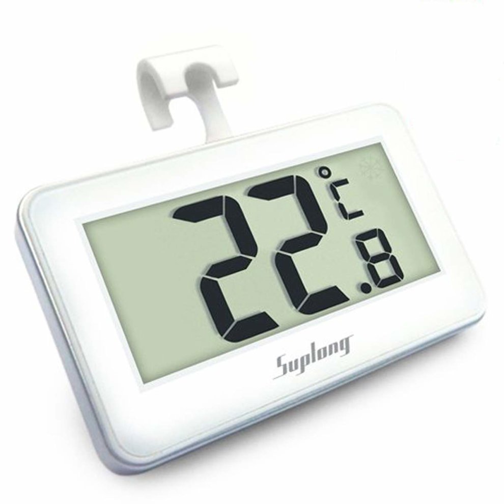 Digital fridge thermometer with a waterproof LED display, featuring a large black digital readout showing 22°C and a white plastic body with a hook for easy hanging.