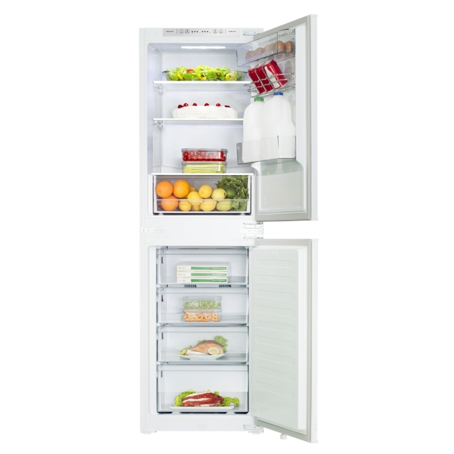 White built-in fridge freezer with a 50/50 split, featuring a spacious 233L capacity, multiple clear storage shelves, and a fresh food compartment with fruits and vegetables.