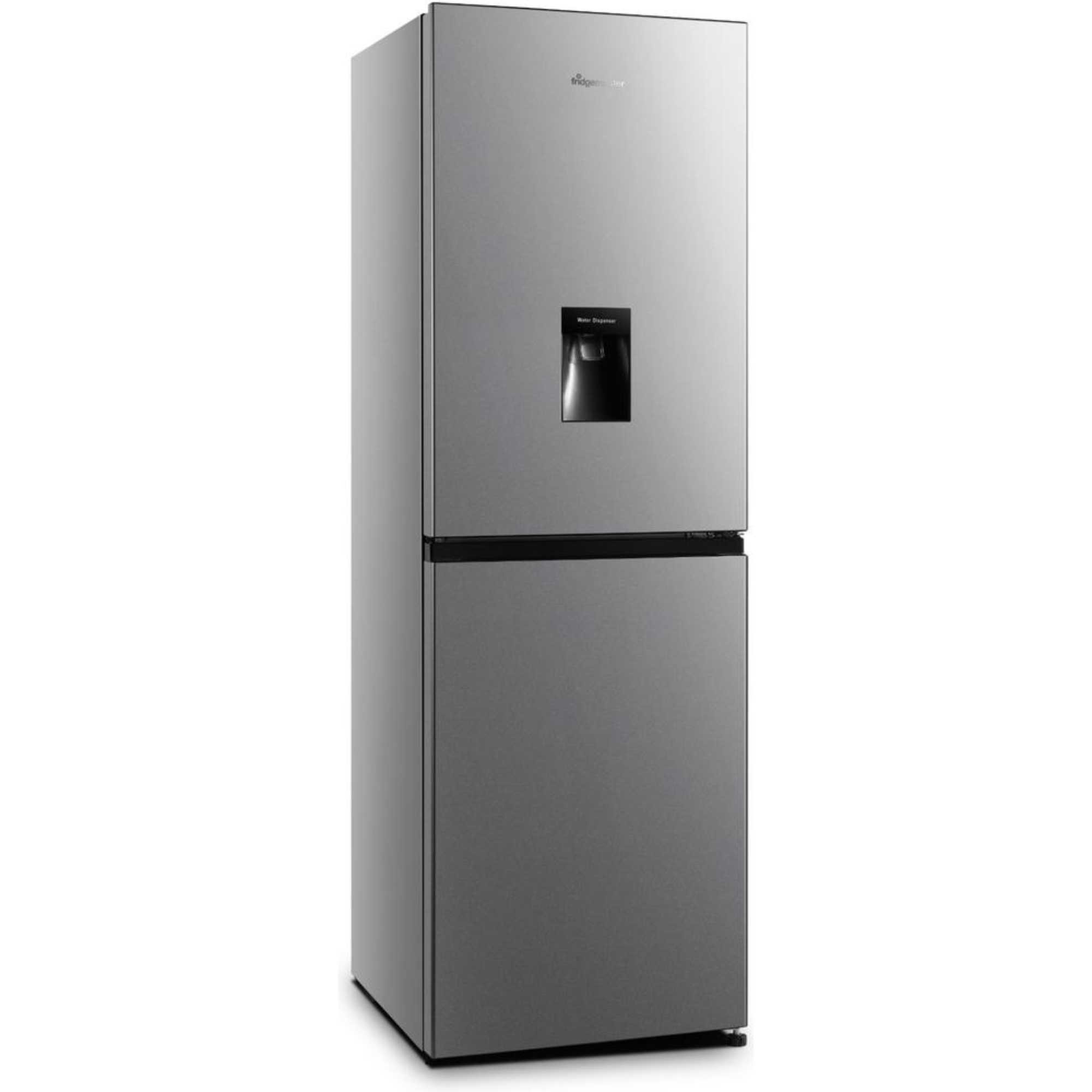 Silver 175cm high Fridgemaster MC55240DES fridge freezer with a sleek design, featuring a water dispenser and a modern finish.