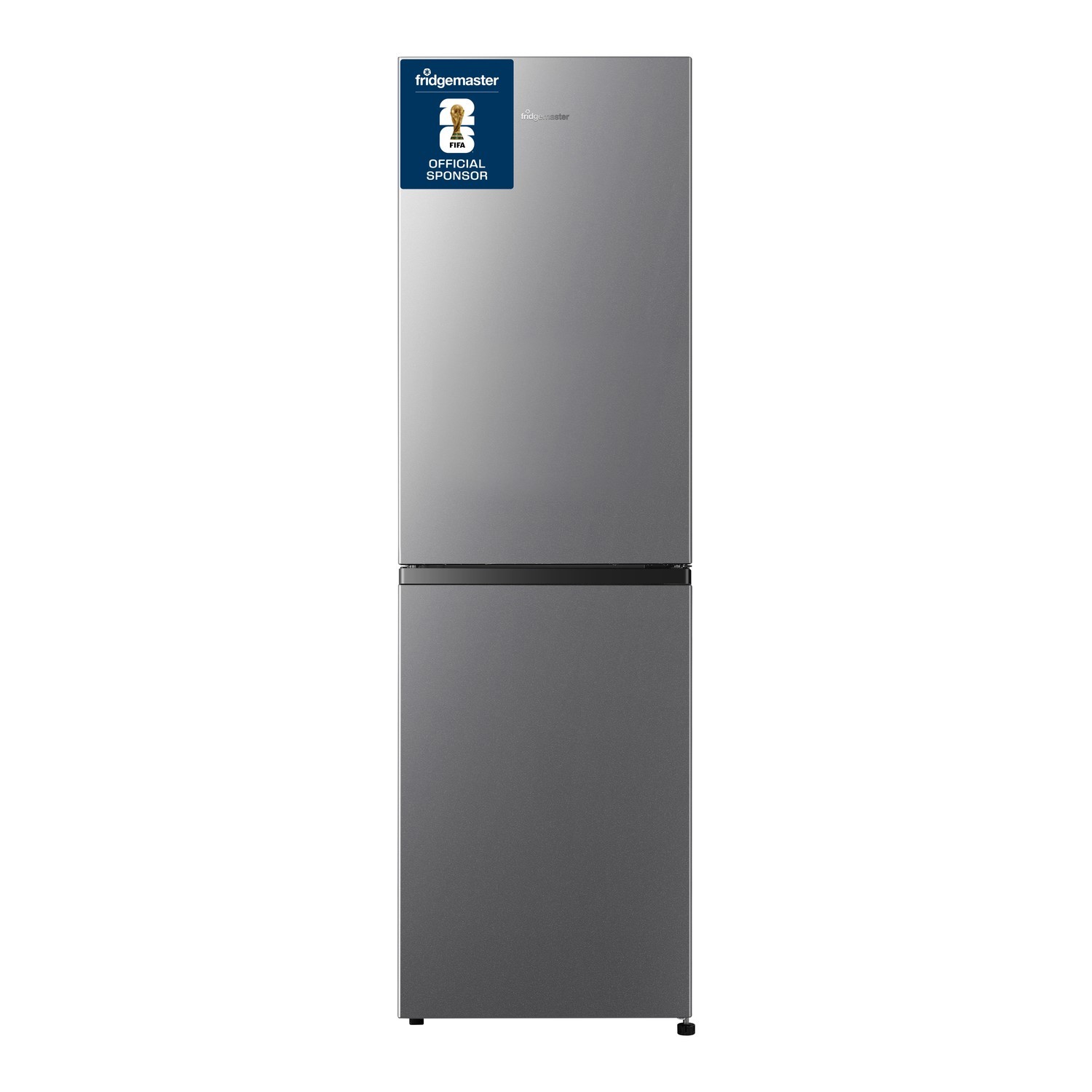 Silver 50/50 fridge freezer with a sleek design, featuring a top refrigerator compartment and a bottom freezer, measuring 174x55cm and offering 254L capacity.