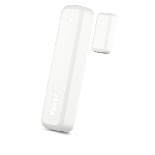White wireless door/window sensor featuring a sleek design, with a larger main unit and a smaller magnet, both made of durable plastic, branded with "FRITZ!" in a subtle embossed style.