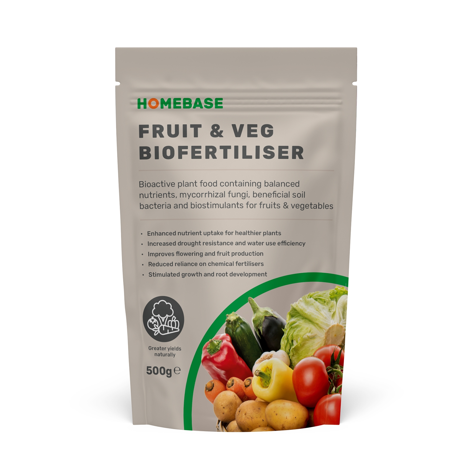 Silver and beige packaging for Homebase BioFertiliser Fruit & Veg Feed, featuring green and black text, a logo, and images of fruits and vegetables, with a 500g weight label.