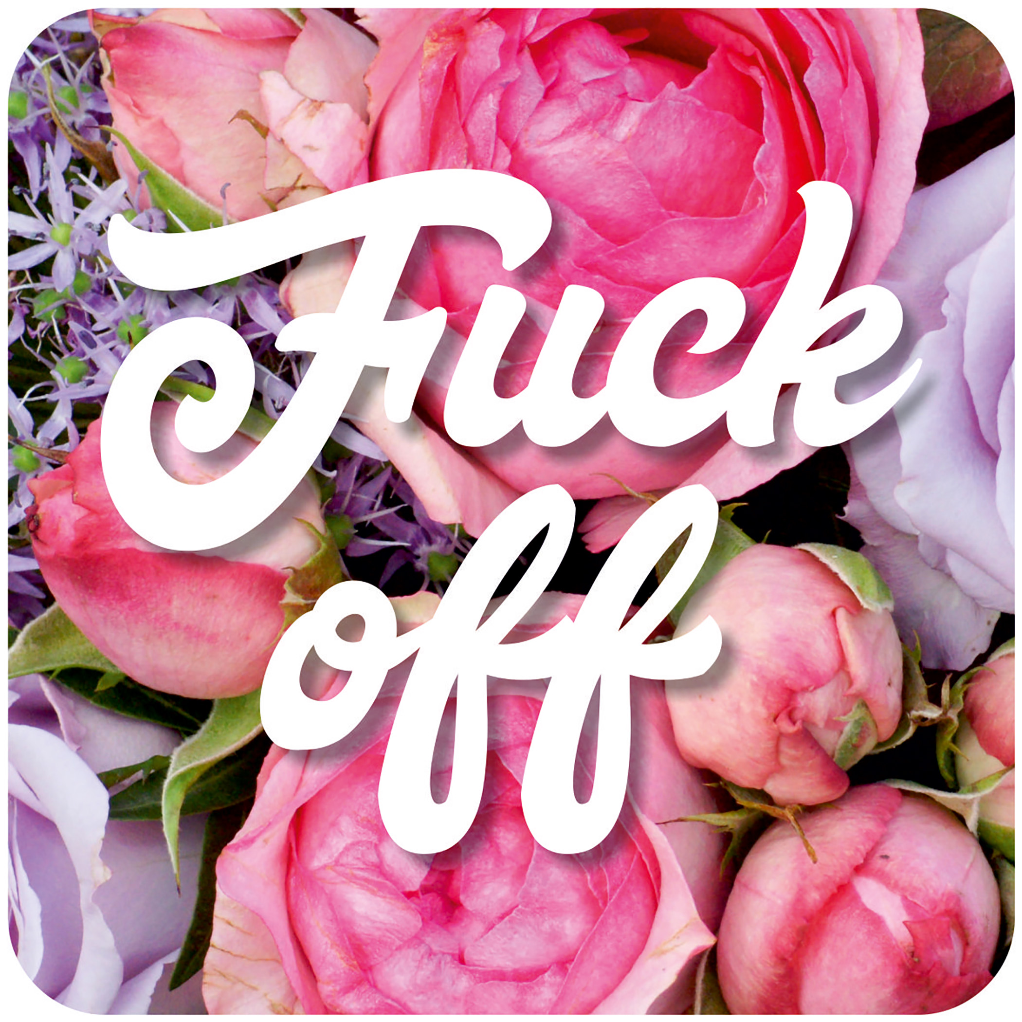 Square coaster featuring a floral background with pink and purple roses, overlaid with the bold white text "Fuck off" in a playful script font.