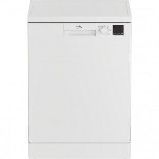 Beko DVN05C20W full-size dishwasher in white, featuring a control panel with a dial and digital display, designed for 13 place settings.