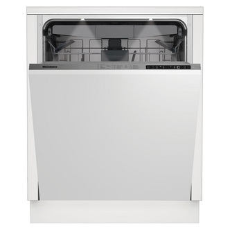 Full-size integrated dishwasher in sleek white finish, featuring a stainless steel handle, 16 place settings capacity, and interior LED lighting for easy loading.