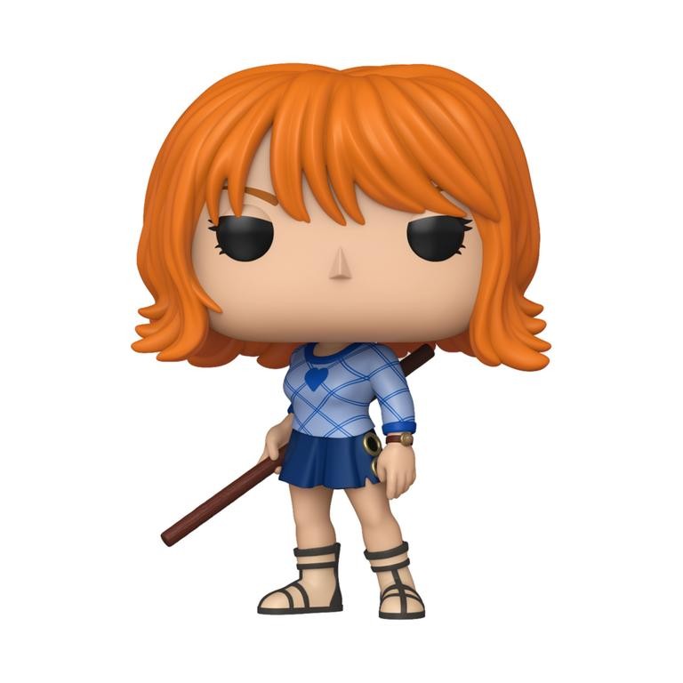 Nami Funko POP! features orange hair, a blue and white checkered top, a blue skirt, and sandals, holding a brown staff, with oversized black eyes and a stylized design.