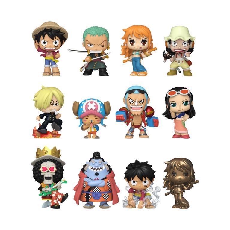 Colorful collection of Funko Mystery Minis One Piece figures, featuring characters like Luffy, Zoro, and Nami, each with distinct outfits and accessories, set against a white background.