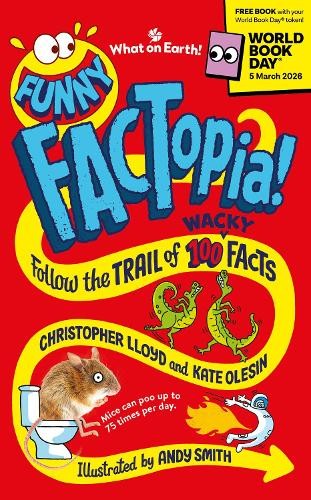 Bright red paperback cover featuring the title "Funny FACTopia!" in bold blue and yellow text, with playful illustrations of a mouse and colorful creatures, highlighting fun facts and a whimsical design.