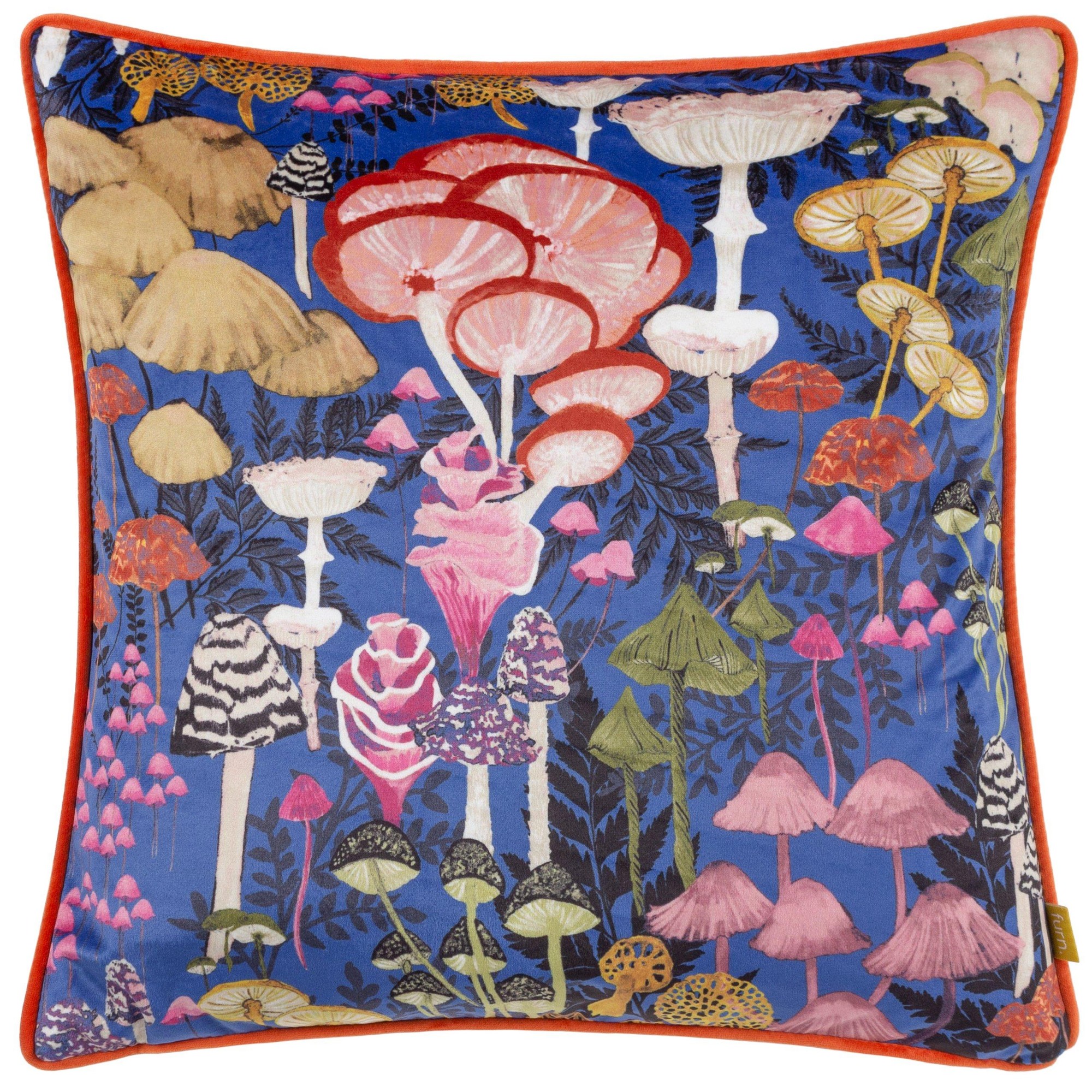 Cobalt velvet cushion featuring an abstract mushroom design with vibrant colors, piped edges, and a size of 43cm x 43cm.