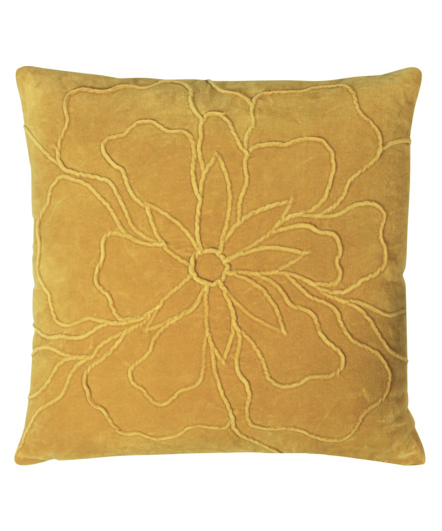 Yellow cotton cushion featuring a floral embroidery design, measuring 45 cm x 45 cm, with a soft texture and vibrant color.