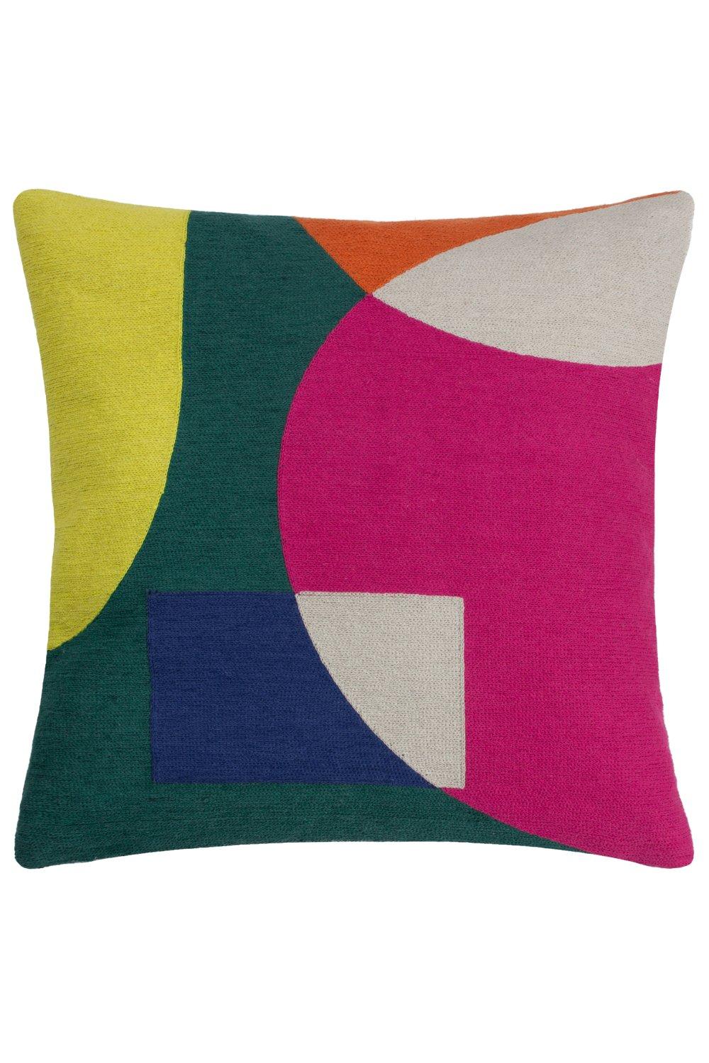 Colorful geometric cushion featuring vibrant shades of yellow, green, pink, orange, and blue, crafted from crewel polyester with a soft, filled texture.