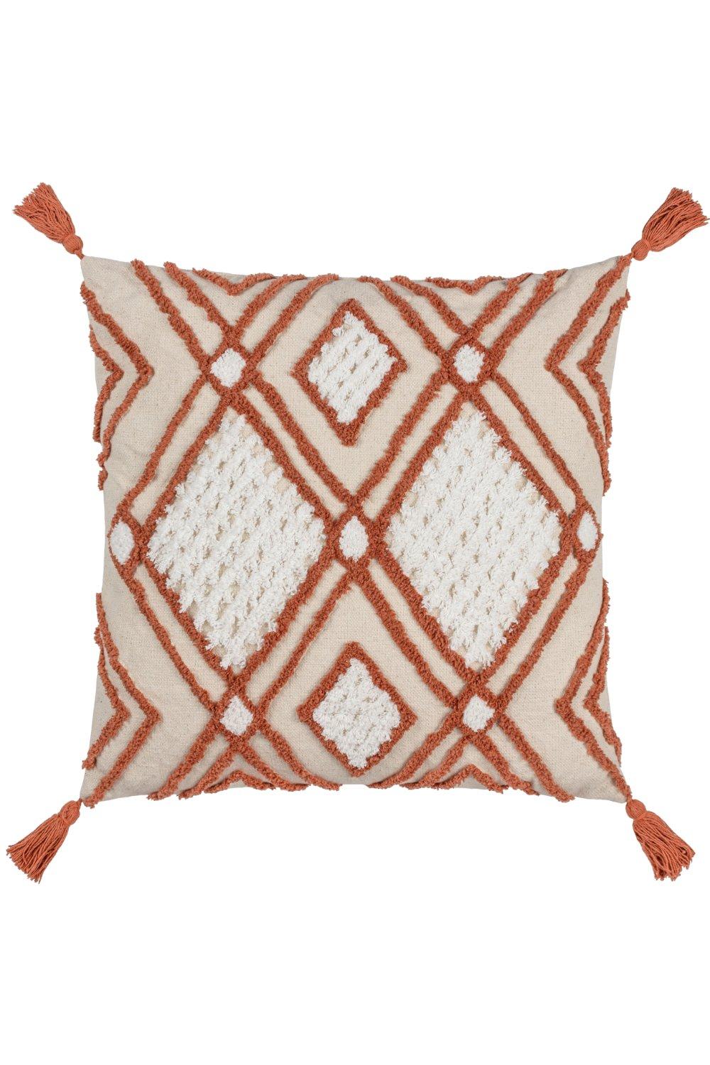 Natural cotton cushion featuring a tufted geometric pattern in cream and terracotta, with tassels at each corner for added texture.