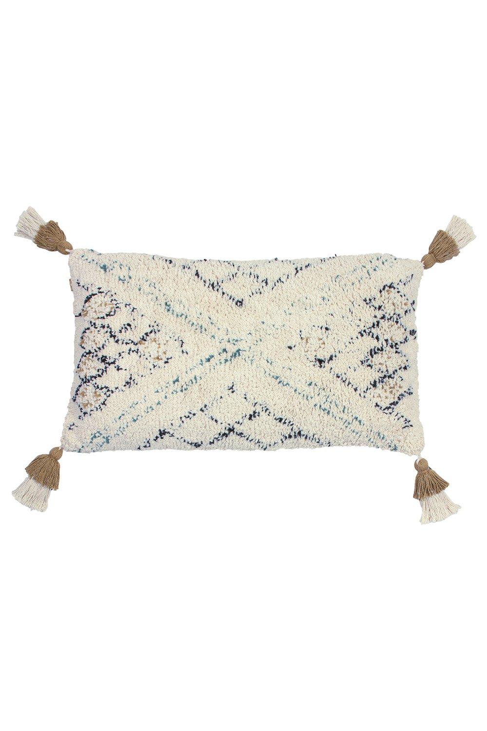 Rectangular cushion in green cotton with a textured surface, featuring a geometric pattern and tassels at each corner for added detail.