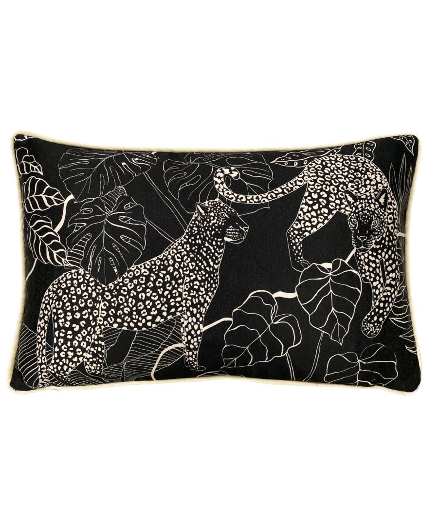 Rectangular black cushion featuring a leopard print design with two leopards and tropical leaves, outlined in white, with a contrasting beige trim.