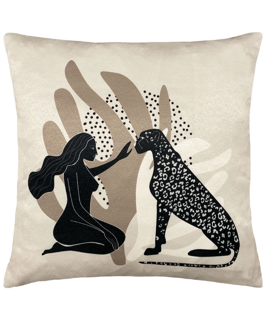 Blush velvet cushion featuring a silhouette of a woman and a leopard, with abstract shapes in beige and black, adding a stylish touch to any decor.