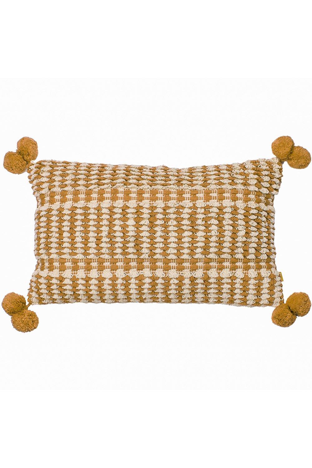 Mustard cotton cushion featuring a woven loop tufted design with a textured pattern and playful pom-pom accents on each corner.