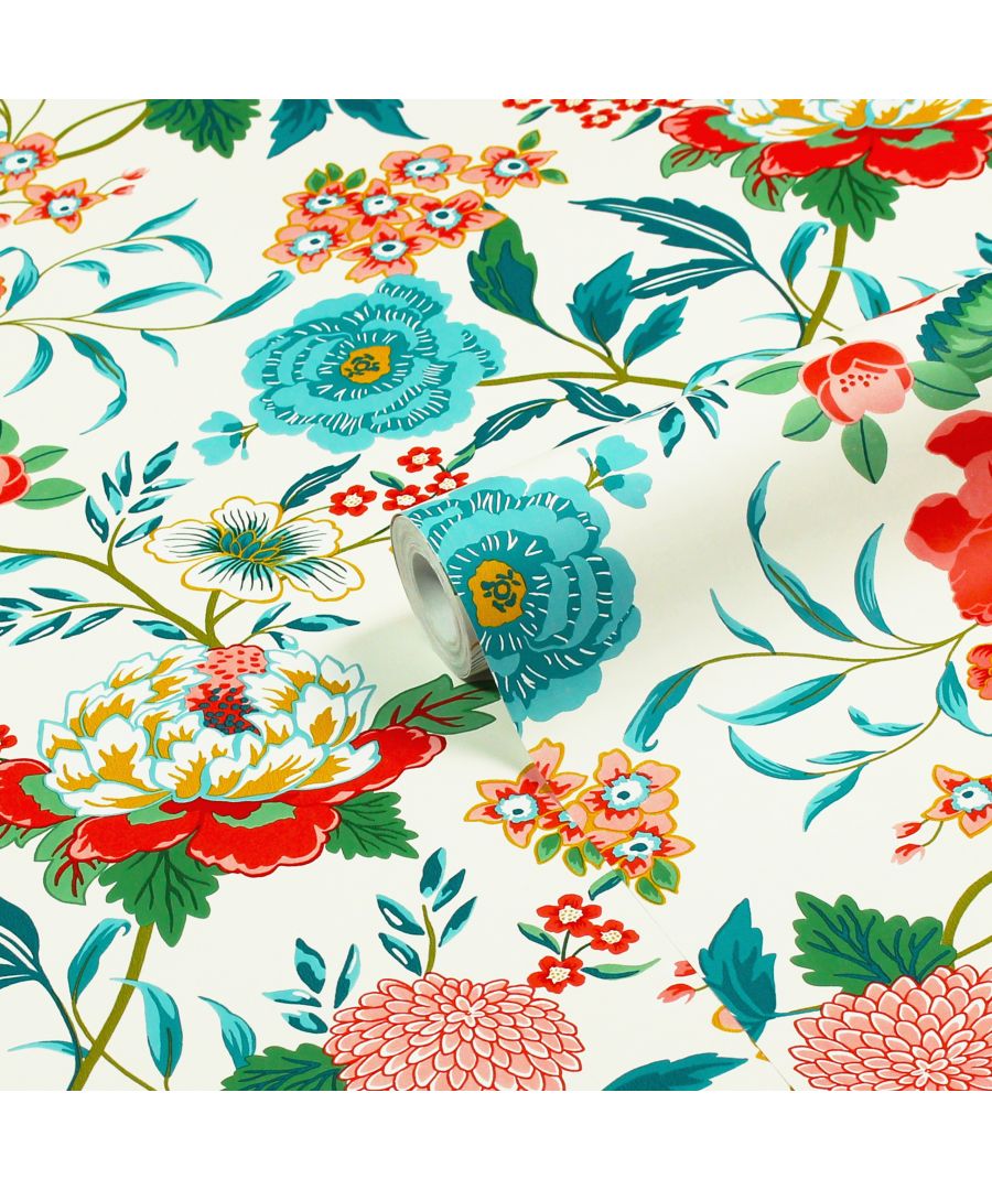 Multicoloured floral printed wallpaper featuring vibrant flowers in red, blue, and green against a cream background, with a rolled edge visible.