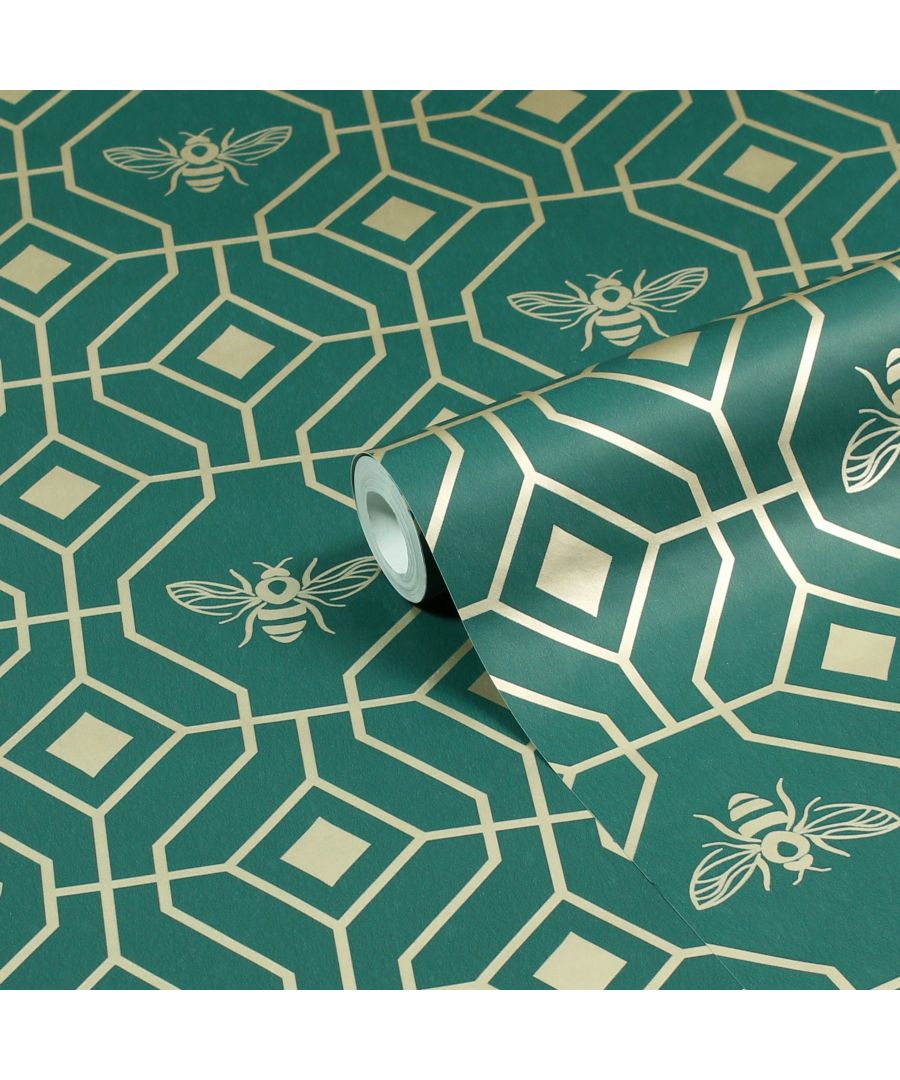 Emerald green geometric wallpaper featuring gold foiled hexagons and bees, with a rolled section revealing its intricate design and shiny finish.