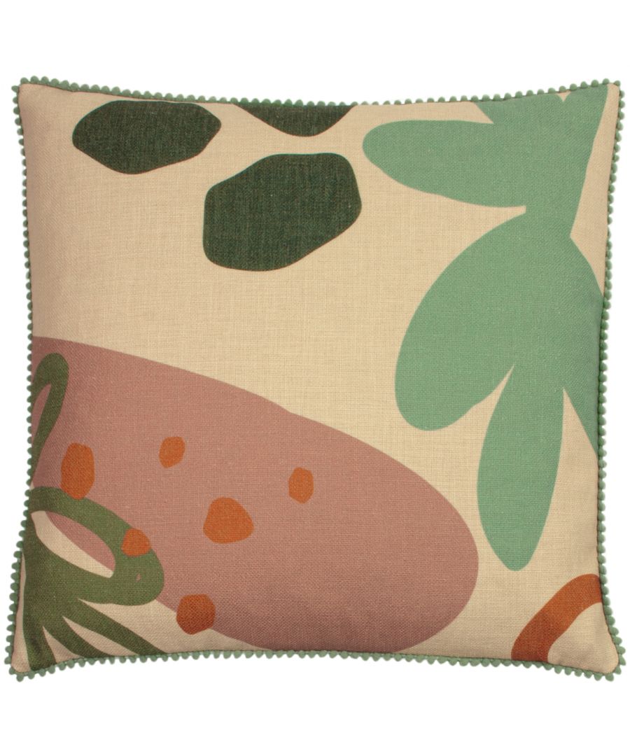 Natural-colored cushion featuring abstract floral and leaf patterns in green, pink, and brown, with a textured edge and measuring 45 cm x 45 cm.