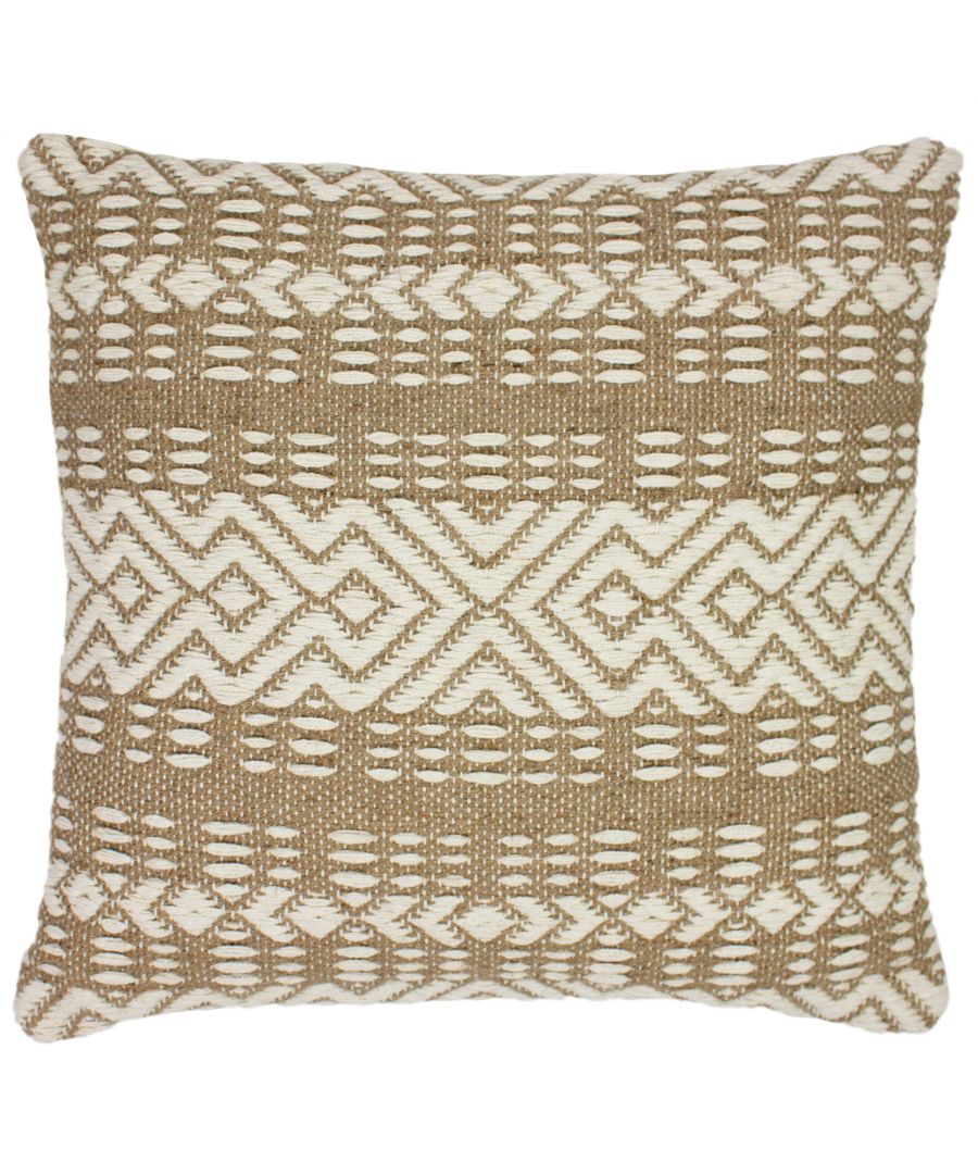 Square jute woven cushion featuring a boho geometric pattern in earthy tones of brown and cream, with textured detailing and a natural, rustic aesthetic.