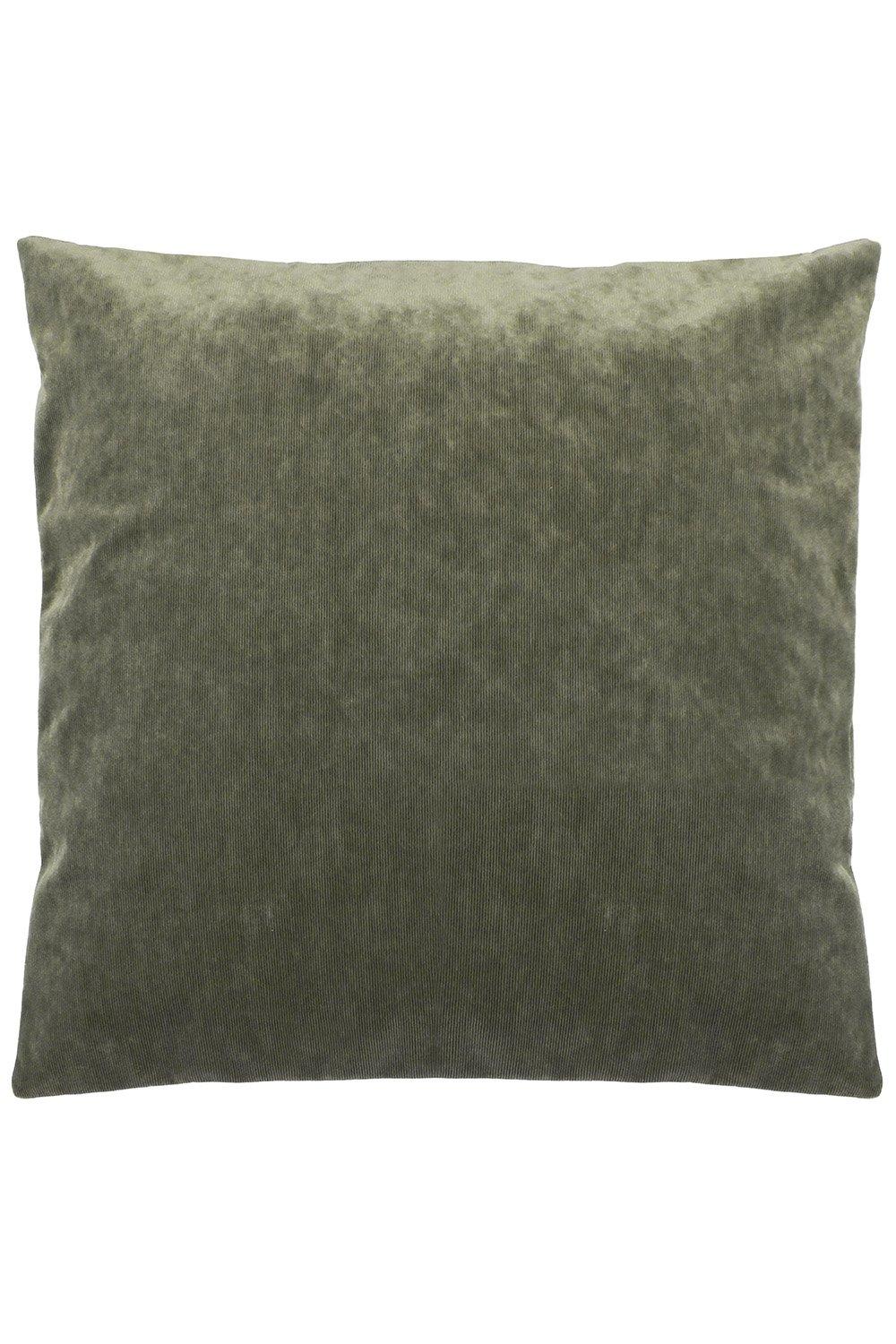 Khaki rectangular cushion made of reversible micro corduroy velvet, measuring 50 cm x 50 cm, featuring a soft, textured surface.