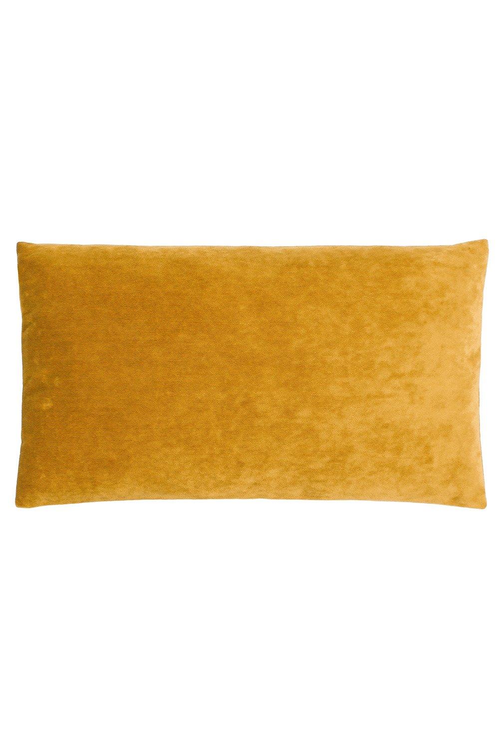 Mustard yellow reversible micro-cord velvet cushion, rectangular shape, measuring 30 cm x 50 cm, featuring a soft, plush texture.