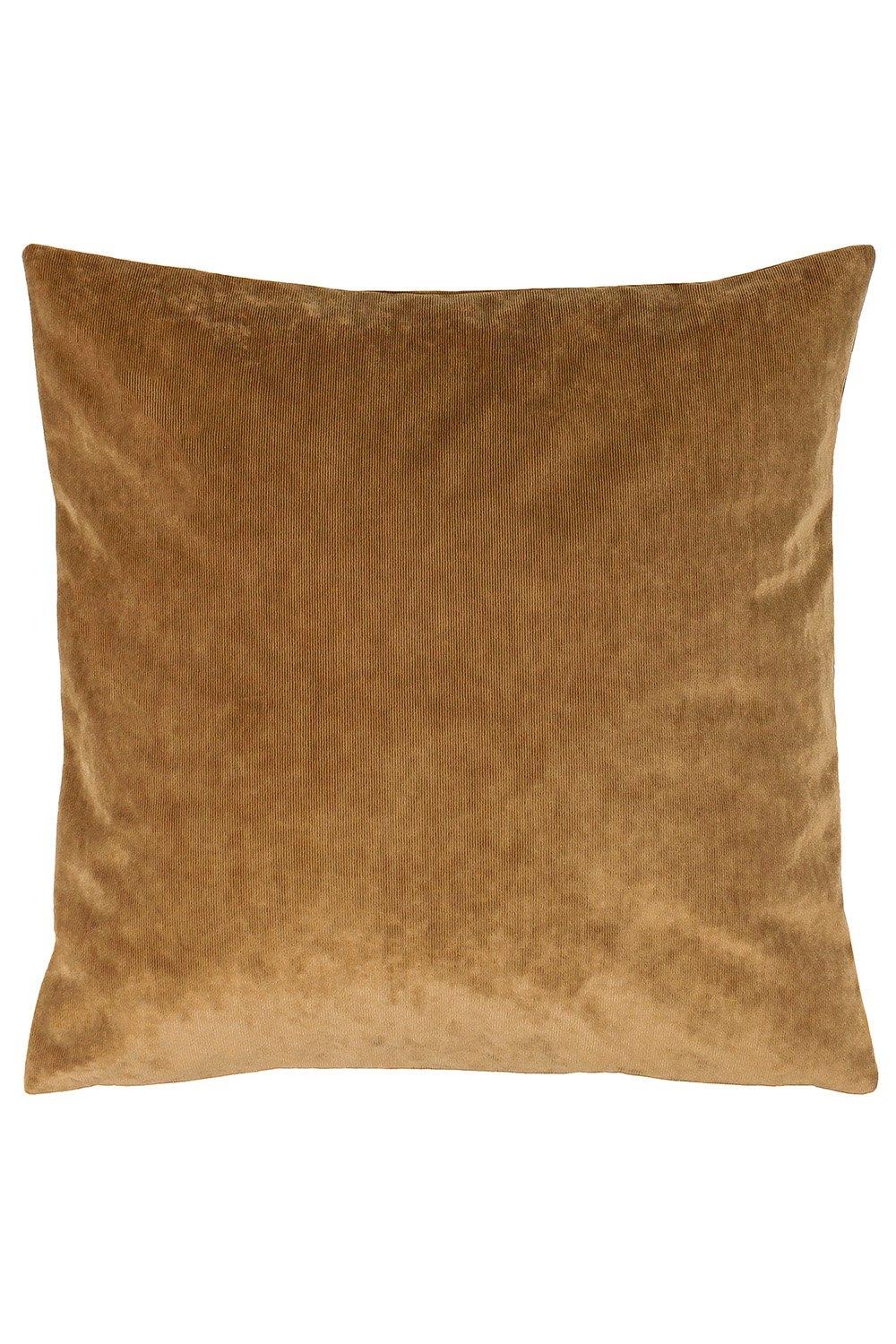 Tan reversible cushion made of micro-cord velvet, featuring a soft texture, square shape, and measuring 50 cm x 50 cm.