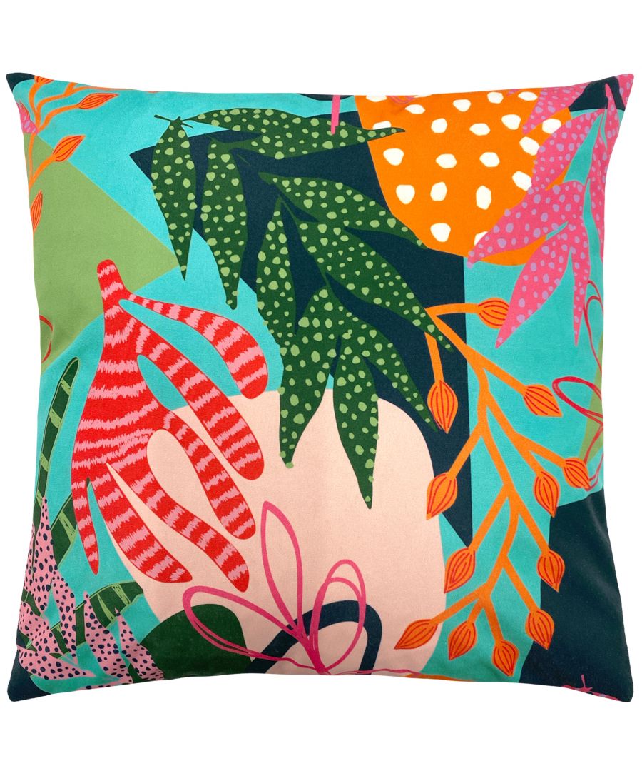 Colorful outdoor cushion featuring a vibrant floral design with green leaves, pink accents, and orange polka dots, made from UV-resistant fabric for durability.
