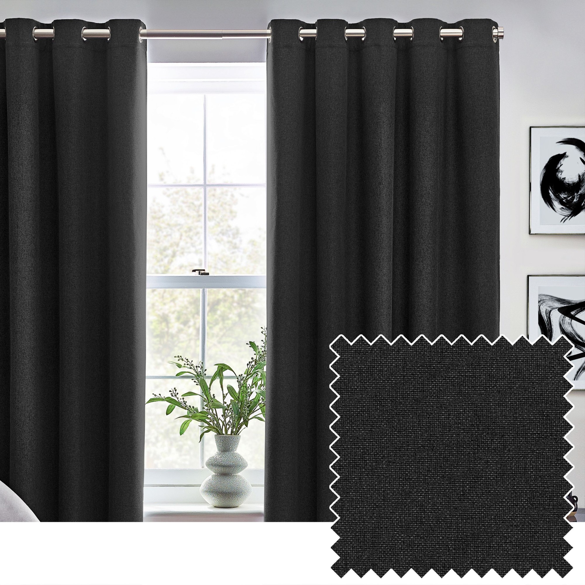 100% blackout thermal eyelet curtains in a sleek dark grey color, measuring 229cm wide by 137cm drop, featuring a textured fabric and a modern design.