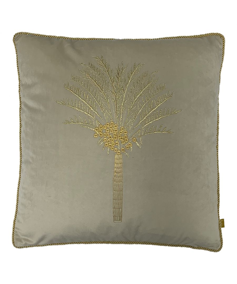 Ivory cotton cushion measuring 50 cm x 50 cm, featuring an embroidered palm tree design in gold thread with a decorative trim.