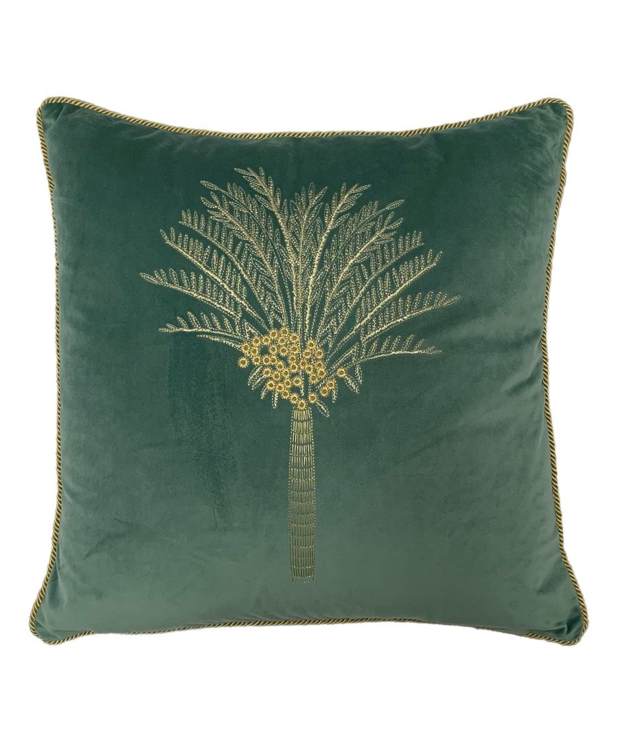 Grey cotton cushion measuring 50 cm x 50 cm, featuring a decorative desert palm design in gold embroidery with a contrasting border.