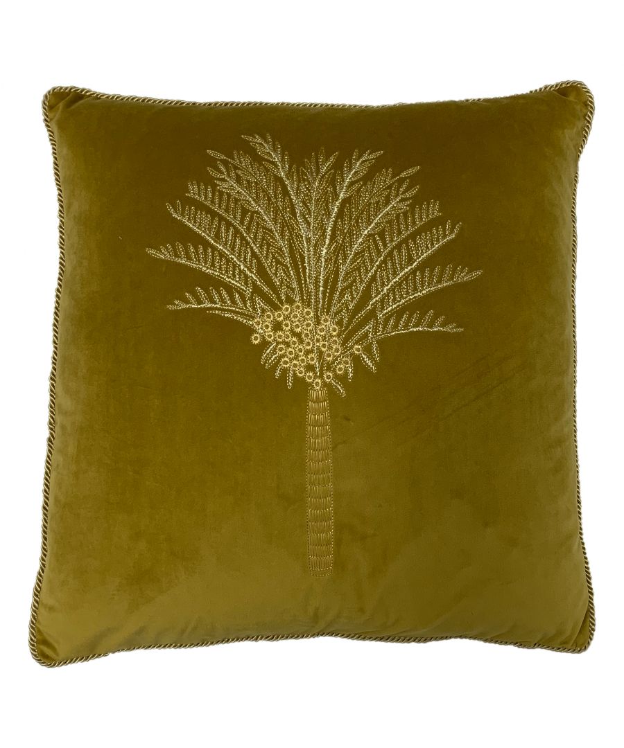 Olive green cushion measuring 50 cm x 50 cm, featuring an embroidered palm tree design in gold thread, with a textured velvet finish and decorative piping.
